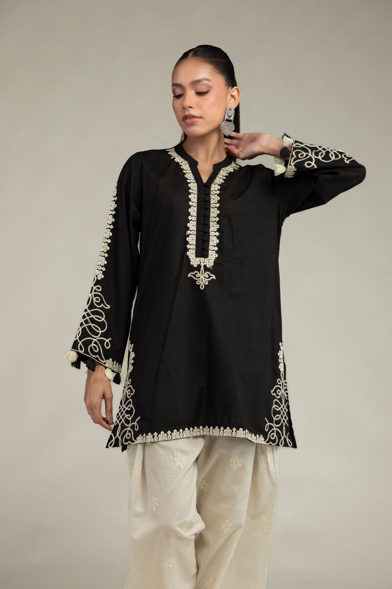 Embroidered | Cotton Dobby | Black Floral Kurta | USD 40.00