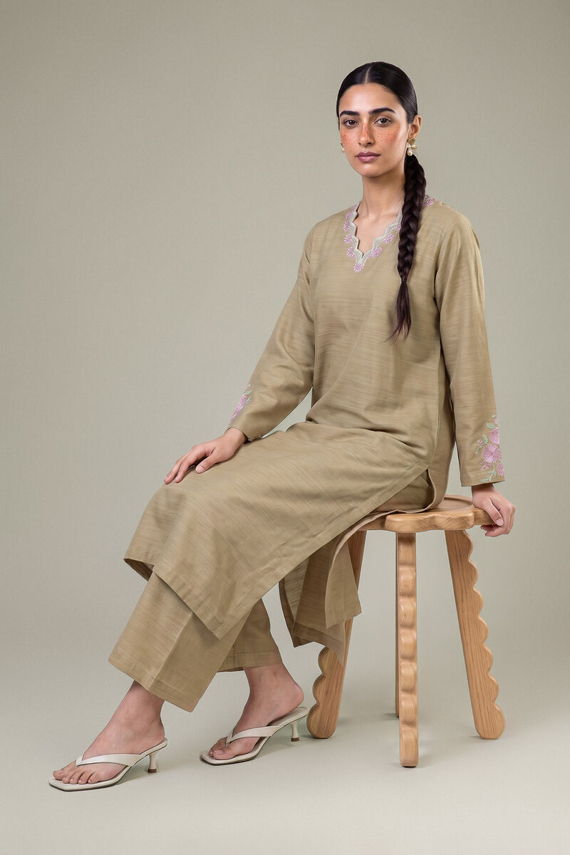 Embroidered | Light Khaddar | Longline Beige Kurta | USD 35.00