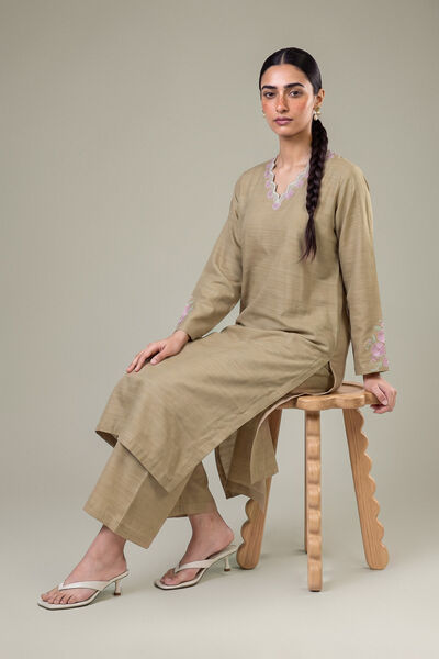 Embroidered | Light Khaddar | Longline Beige Kurta | USD 35.00