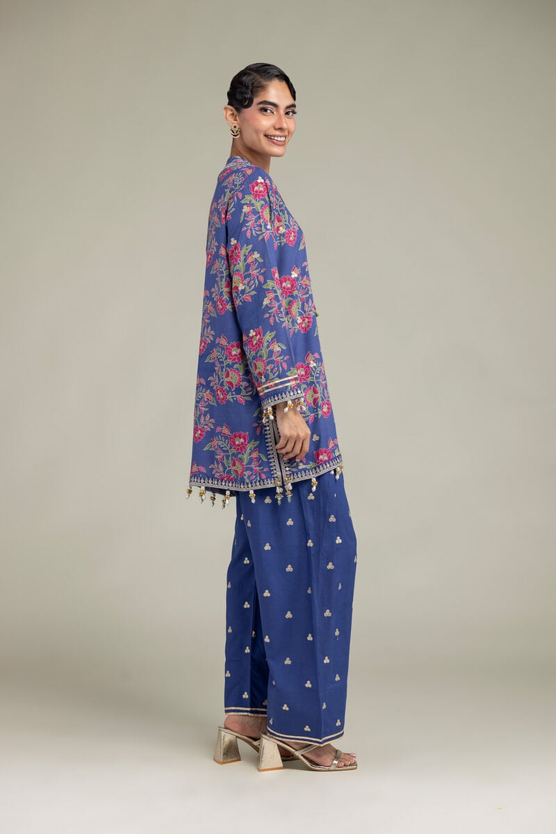 Embroidered | Raw Silk | Blue V-Neck Kurta | USD 65.00