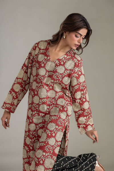 Printed | Light Khaddar | Floral V-neck Kurta | USD 35.00