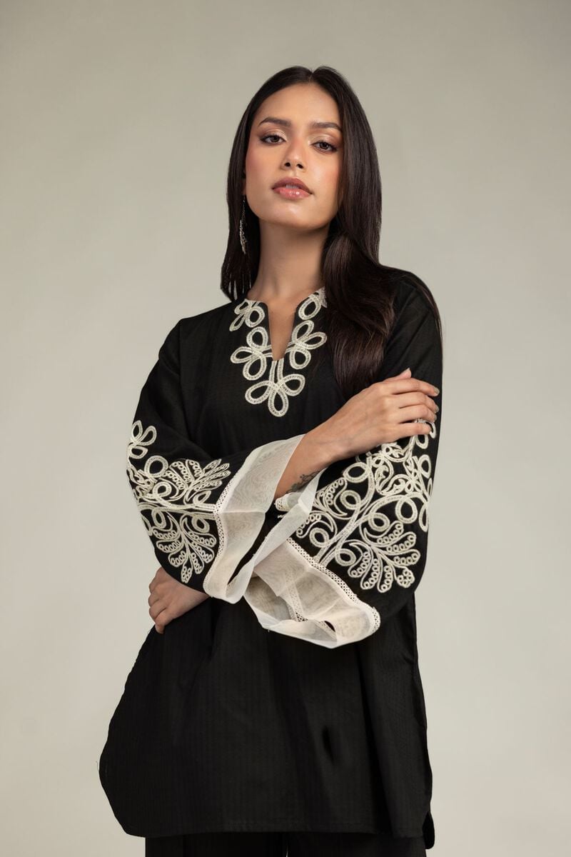 Embroidered | Cotton Dobby | Black V-Neck Kurta | USD 35.00