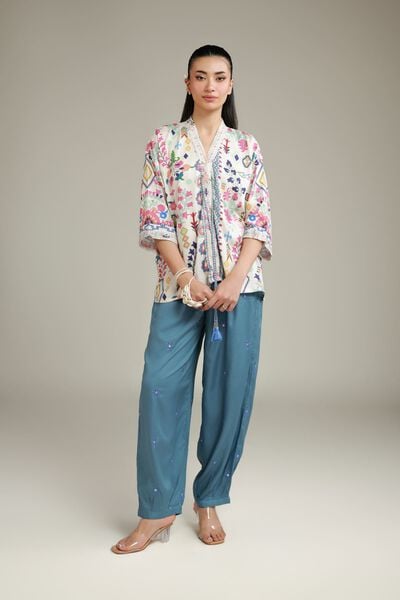 Embroidered | Viscose Crepe | Summer Teal Trousers | USD 35.00