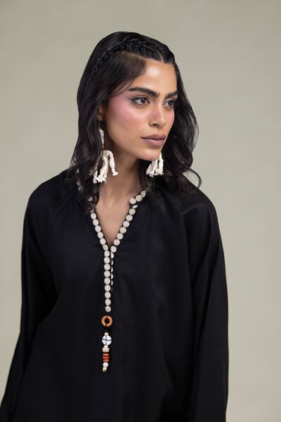 Embroidered | Viscose Crepe | Black V-Neck Tunic | USD 45.00