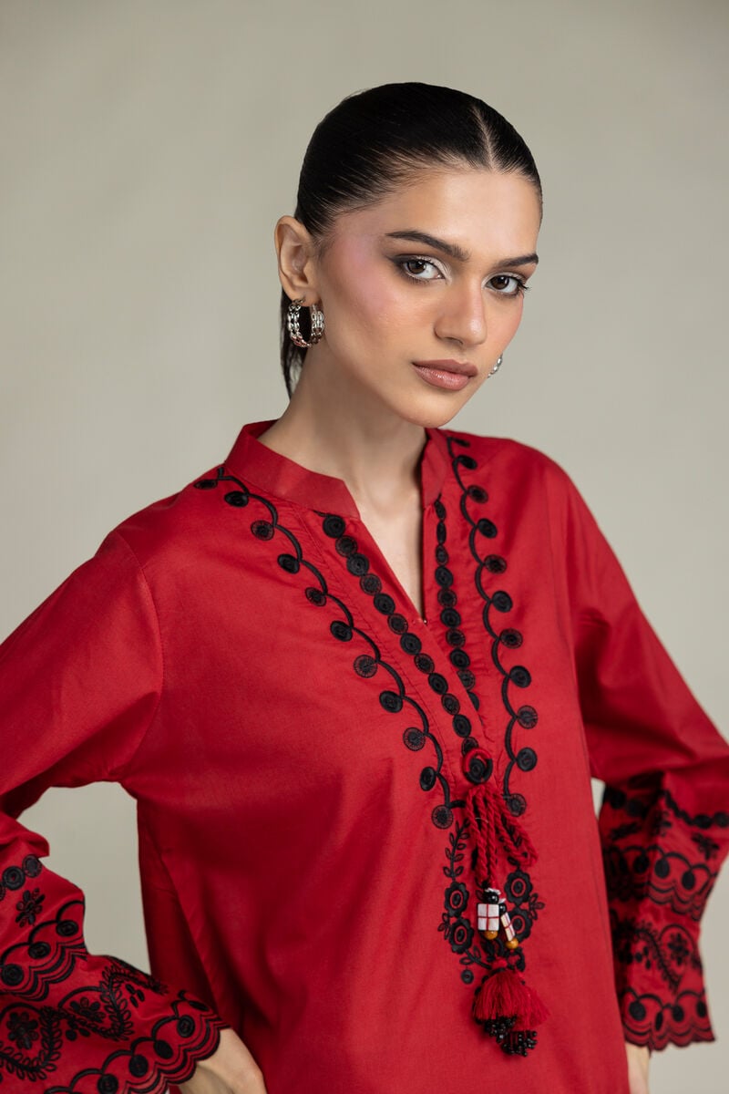 Embroidered | Cambric | Red Cambric Kurta | USD 55.00