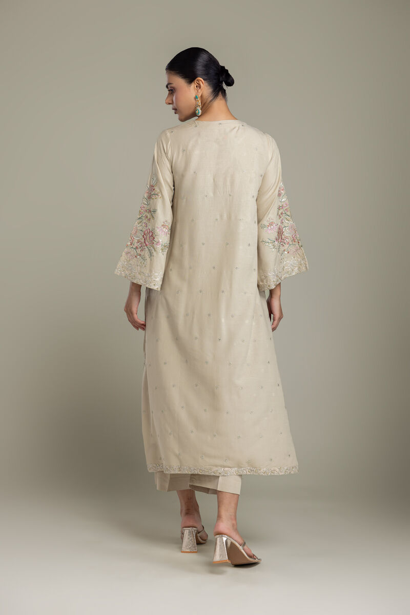 Embroidered | Raw Silk | Floral Beige Kurta | USD 80.00