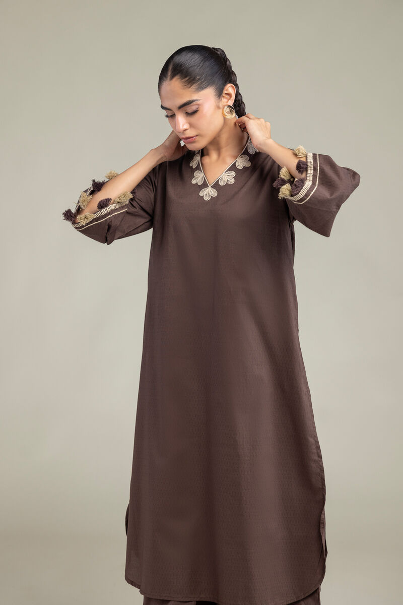 Embroidered | Cotton Dobby | Brown V-Neck Kurta | USD 40.00