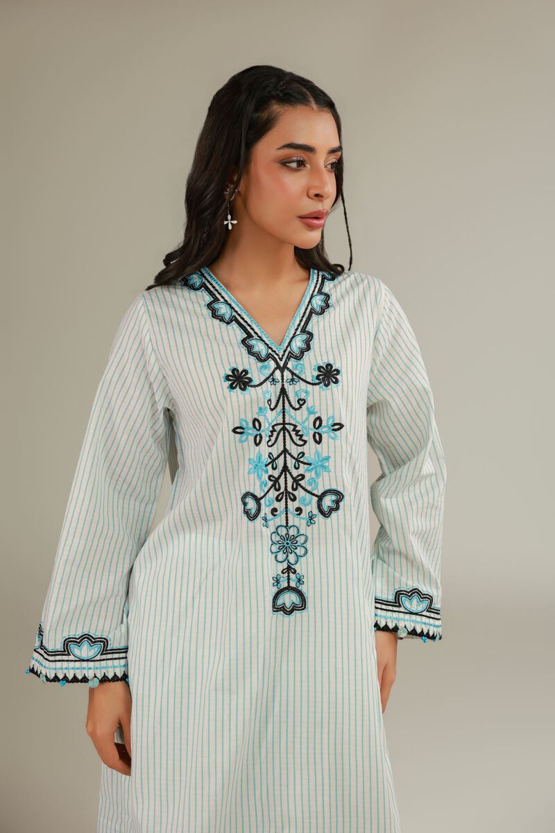 Embroidered | Cotton Dobby | Floral V-Neck Kurta | USD 35.00