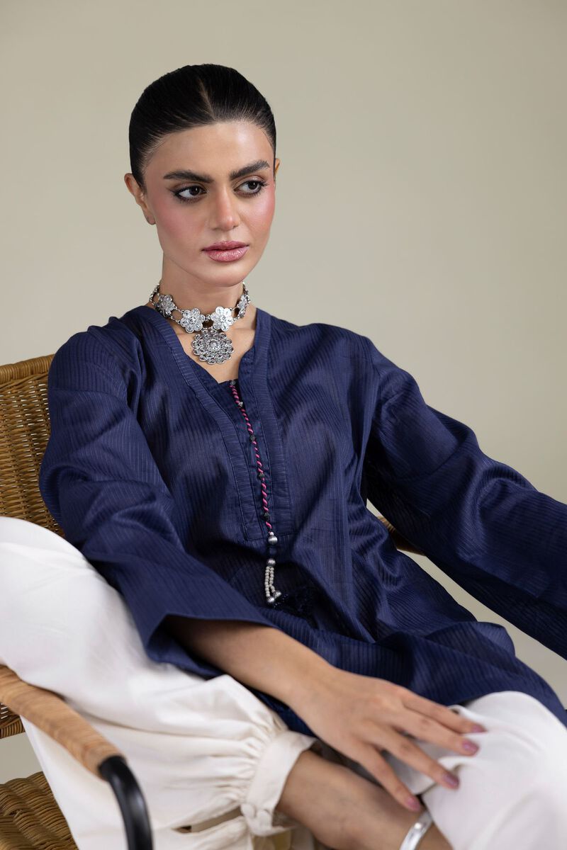 Dyed | Cotton Dobby | Navy V-Neck Kurta | USD 35.00