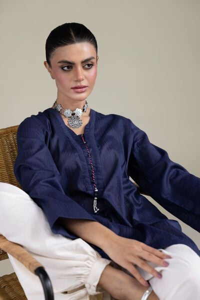 Dyed | Cotton Dobby | Navy V-Neck Kurta | USD 35.00