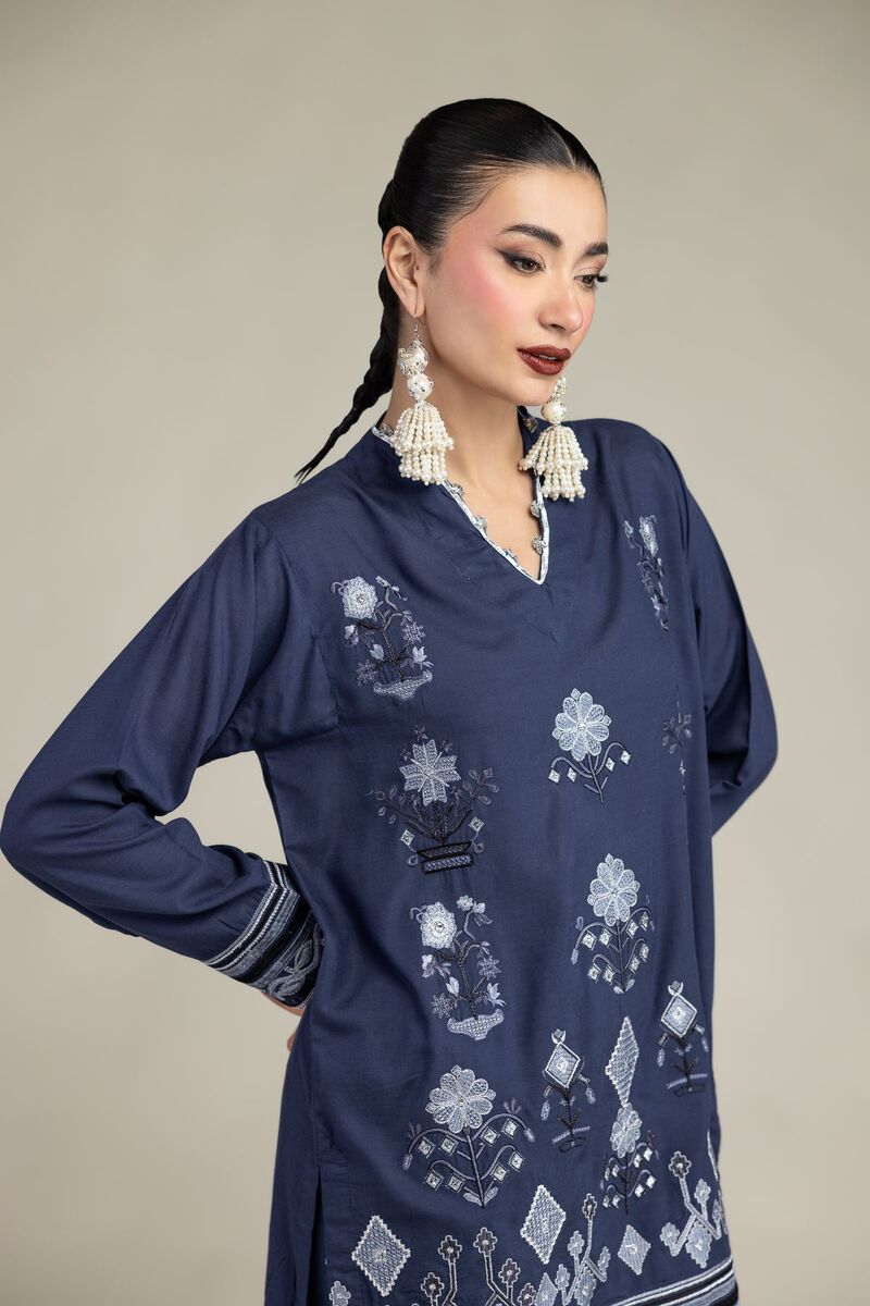 Embroidered | Raw Silk | Floral V-Neck Kurta | USD 55.00