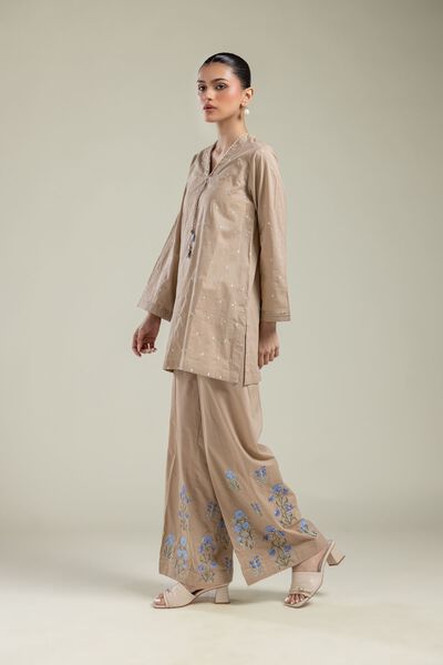 Embroidered | Cambric | Floral Beige Pants | USD 35.00