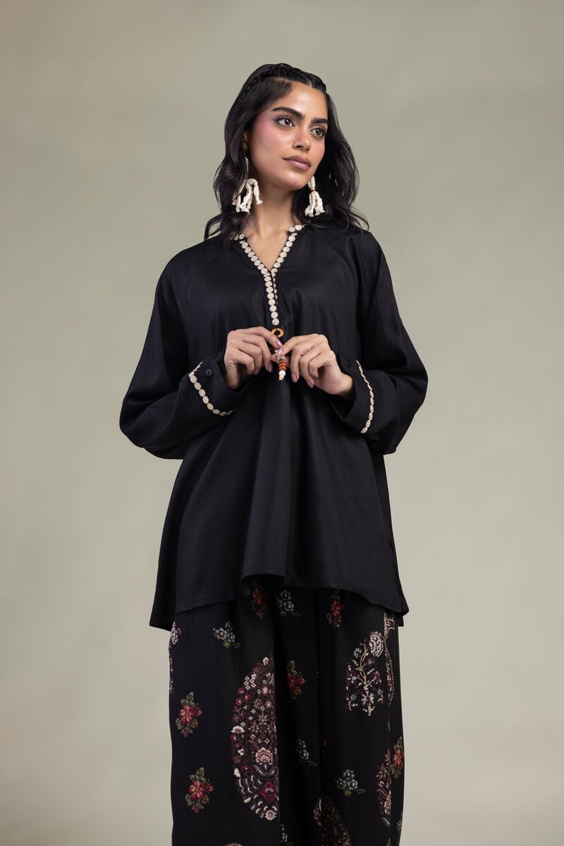 Embroidered | Viscose Crepe | Black V-Neck Tunic | USD 45.00