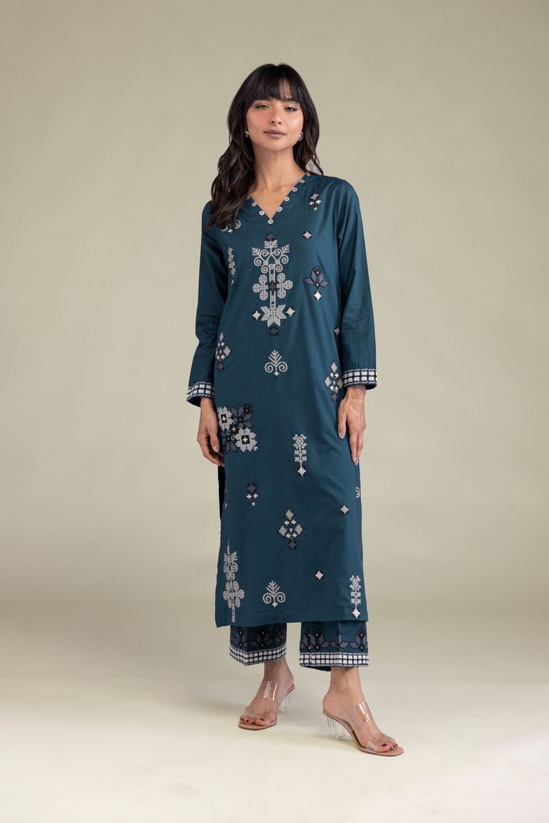 Embroidered | Cambric | Teal Longline Kurta | USD 35.00