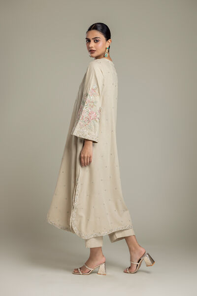 Embroidered | Raw Silk | Beige Solid Pants | USD 35.00