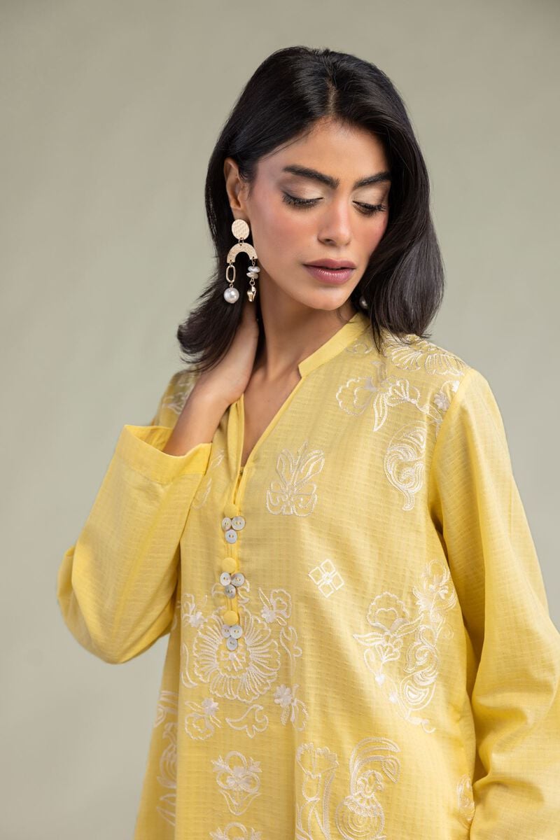 Embroidered | Cotton Dobby | Yellow Floral Kurta | USD 40.00