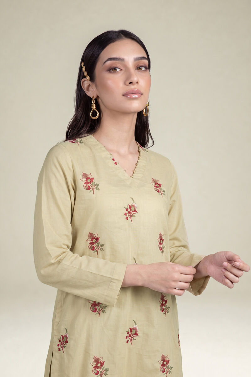 Embroidered | Cambric | Beige Cambric Kurta | USD 40.00