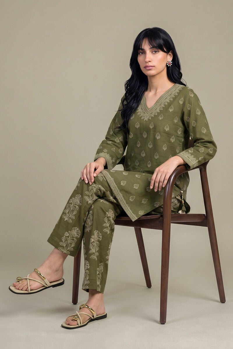Printed | Light Khaddar | Printed Olive Kurta | USD 45.00