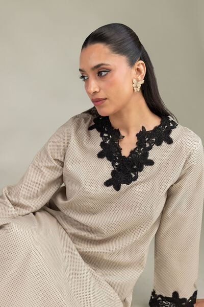 Embroidered | Cambric | Beige Cambric Kurta | USD 45.00