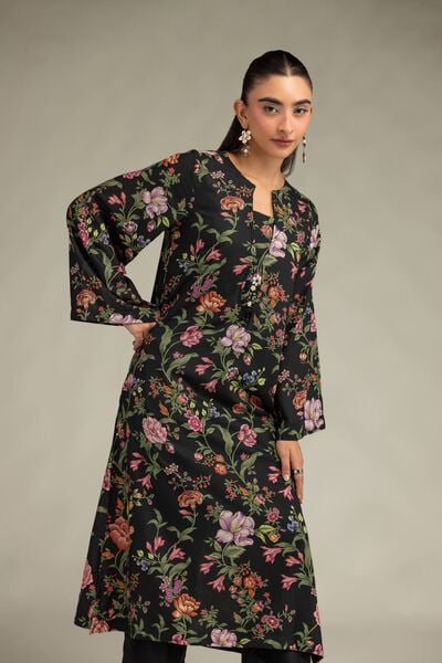 Printed | Raw Silk | Black Floral Kurta | USD 40.00