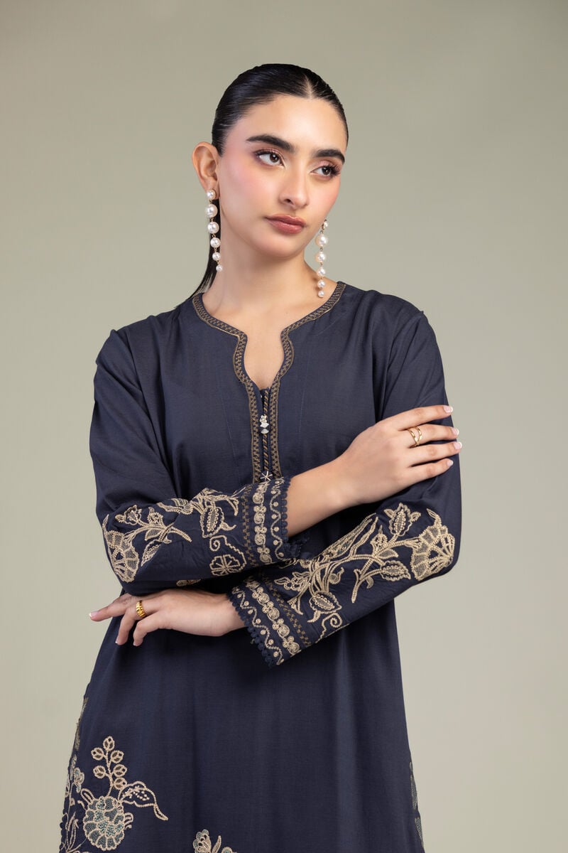 Embroidered | Raw Silk | Floral Navy Kurta | USD 65.00