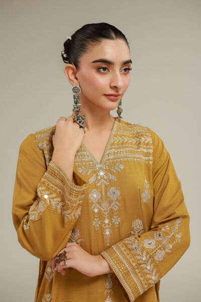 Embroidered | Raw Silk | Geometric V-Neck Kurta | USD 55.00