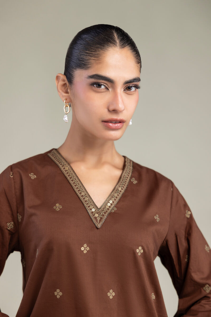 Embroidered | Cambric | Brown V-Neck Kurta | USD 40.00