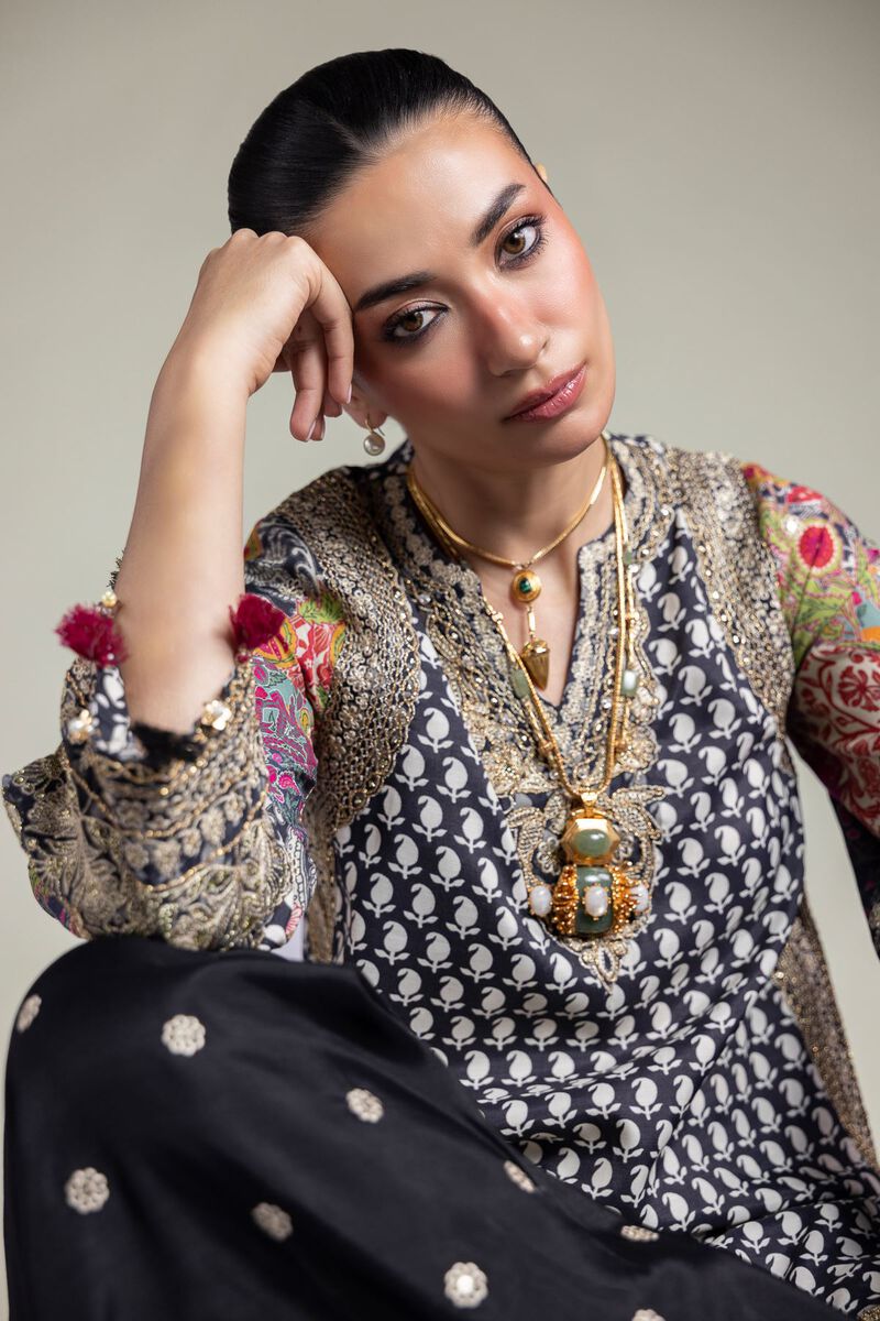 Embroidered | Raw Silk | Black 2-Piece Set | USD 125.00