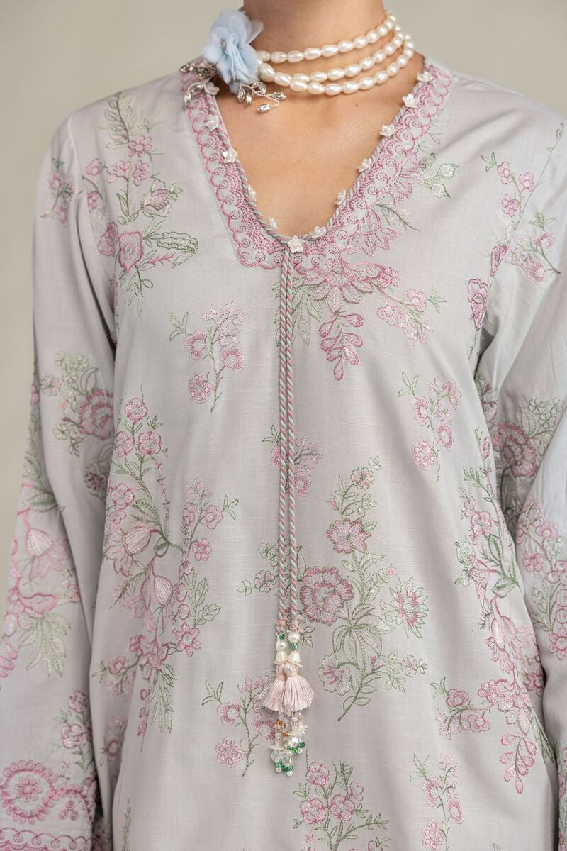 Embroidered | Raw Silk | Floral V-Neck Kurta | USD 60.00