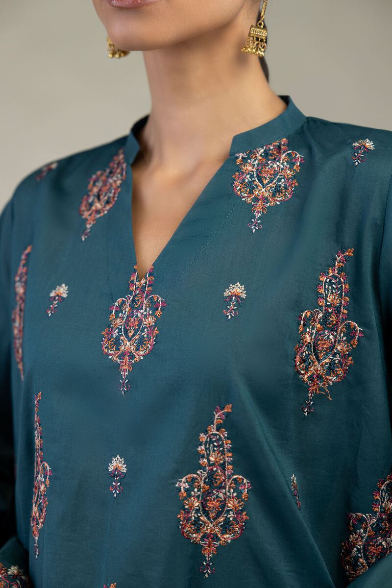 Embroidered | Cambric | Short Teal Kurta | USD 35.00