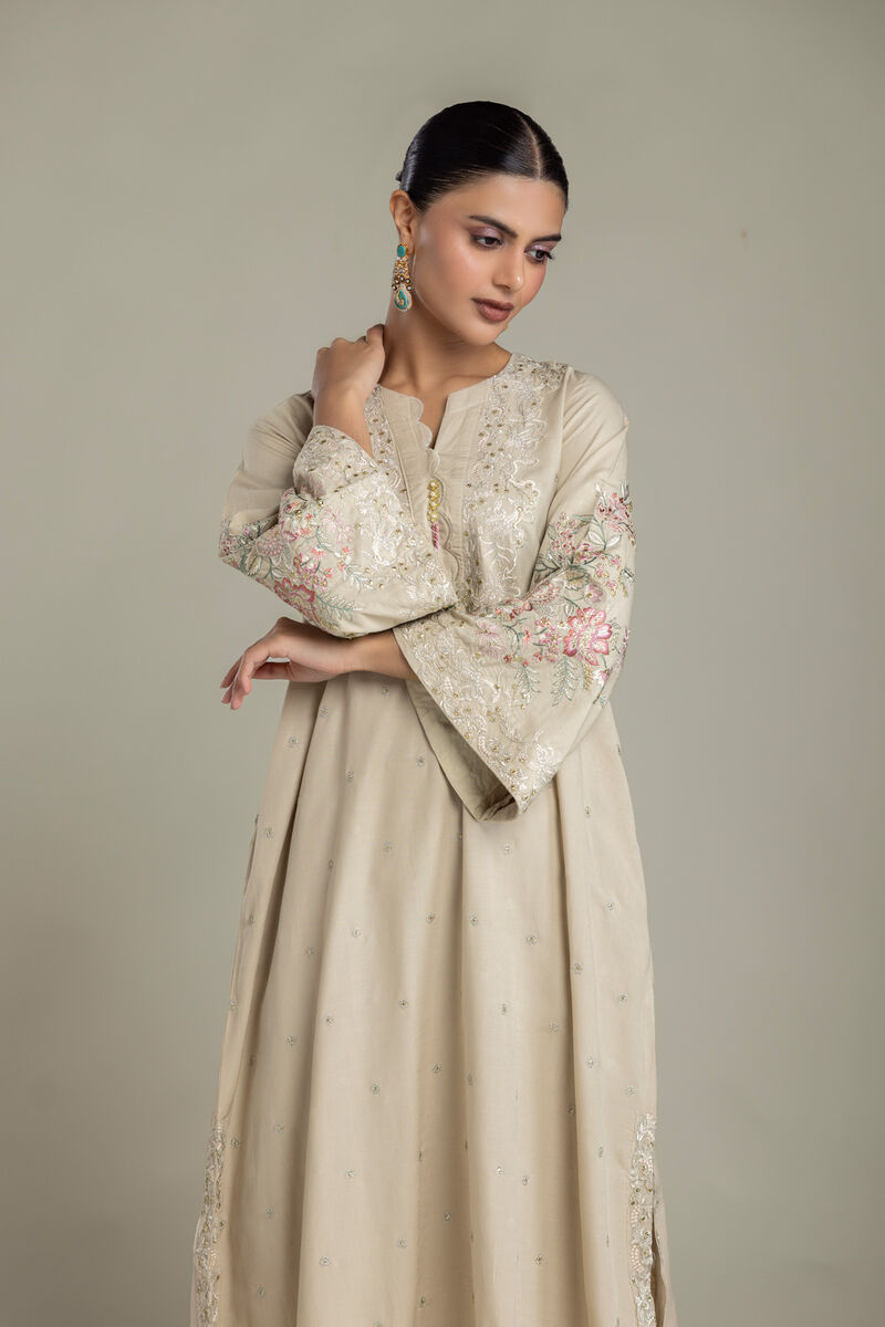 Embroidered | Raw Silk | Floral Beige Kurta | USD 80.00