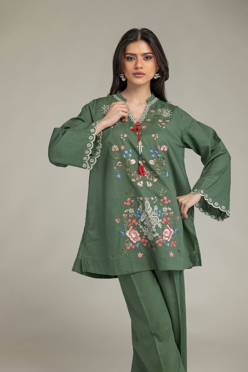 Embroidered | Cotton Dobby | Short Green Kurta | USD 35.00
