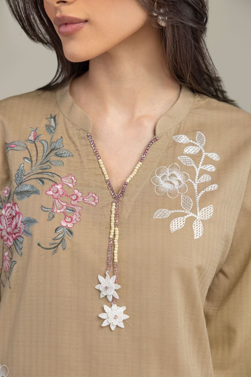 Embroidered | Cotton Dobby | Floral V-Neck Kurta  | USD 40.00
