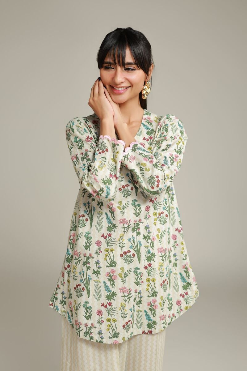 Embroidered | Cotton Dobby | Floral V-Neck Kurta | USD 30.00