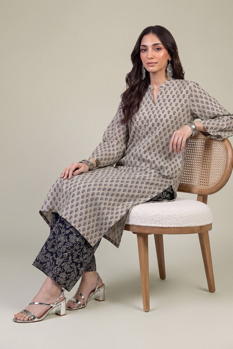 Printed | Light Khaddar | Longline V-Neck Kurta | USD 35.00