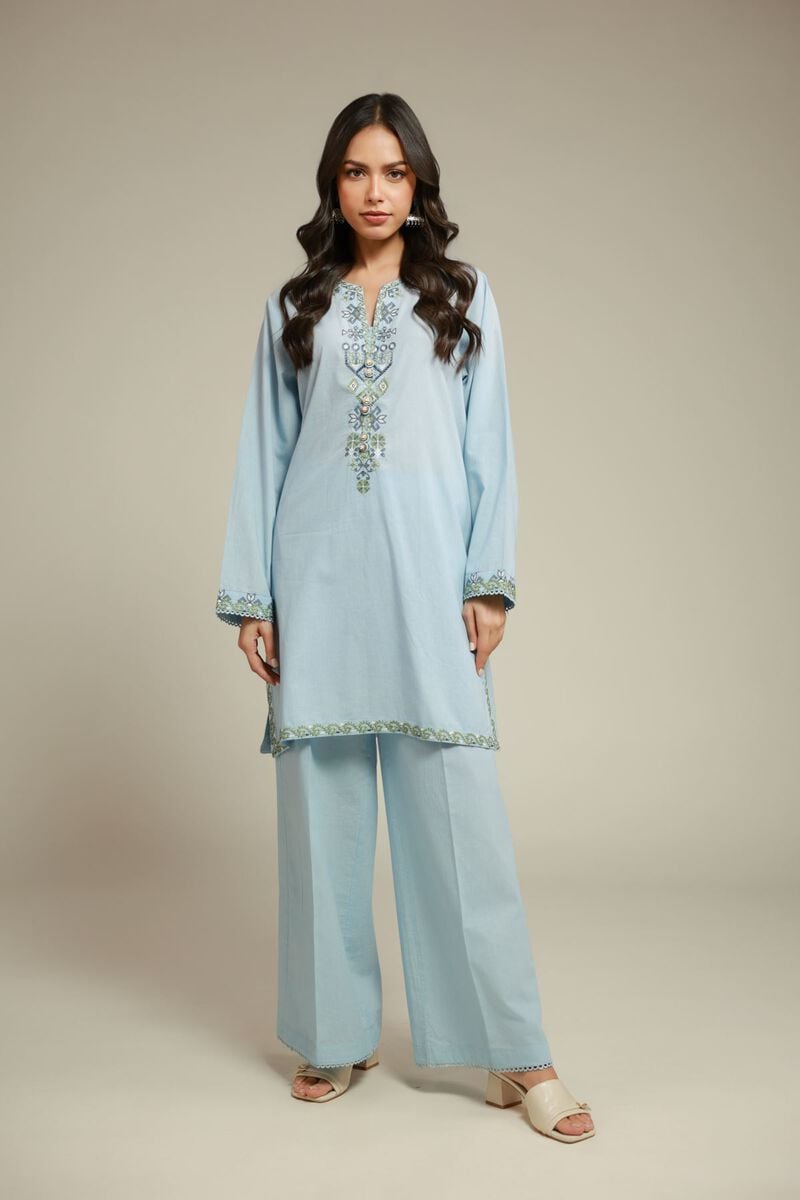 Embroidered | Cambric | Blue 2-Piece Tailored | USD 55.00