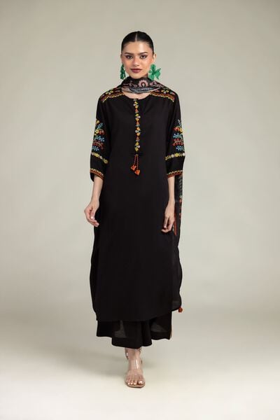Embroidered | Raw Silk | Black Silk Kurta | USD 40.00