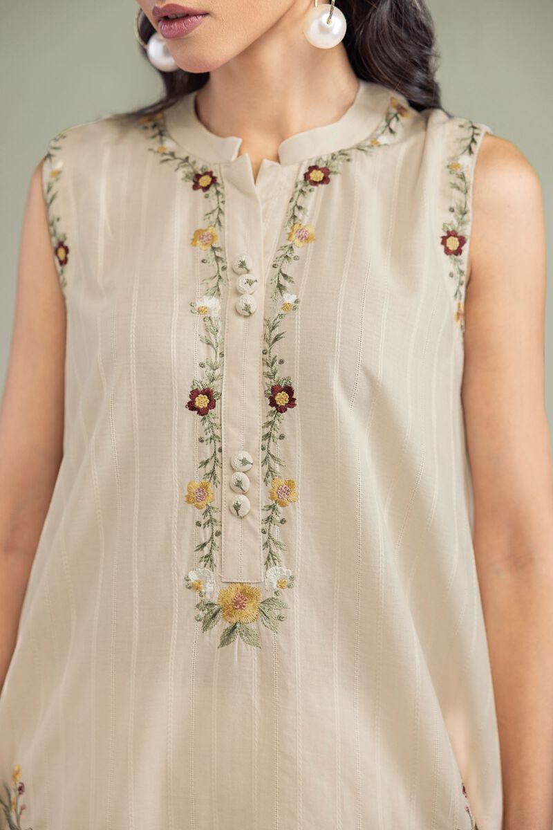 Embroidered | Textured Cotton | Beige Sleeveless Kurta | USD 45.00