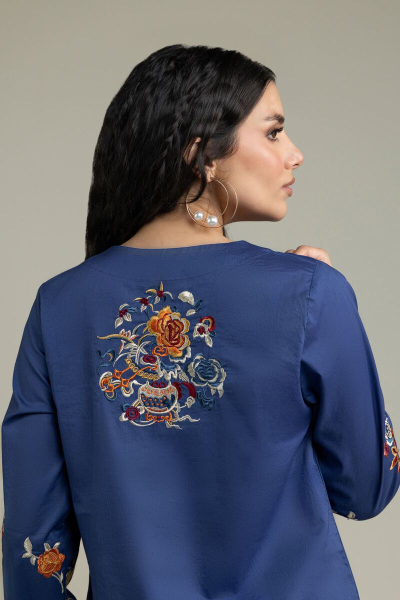 Embroidered | Cambric | Blue V-Neck Kurta | USD 40.00