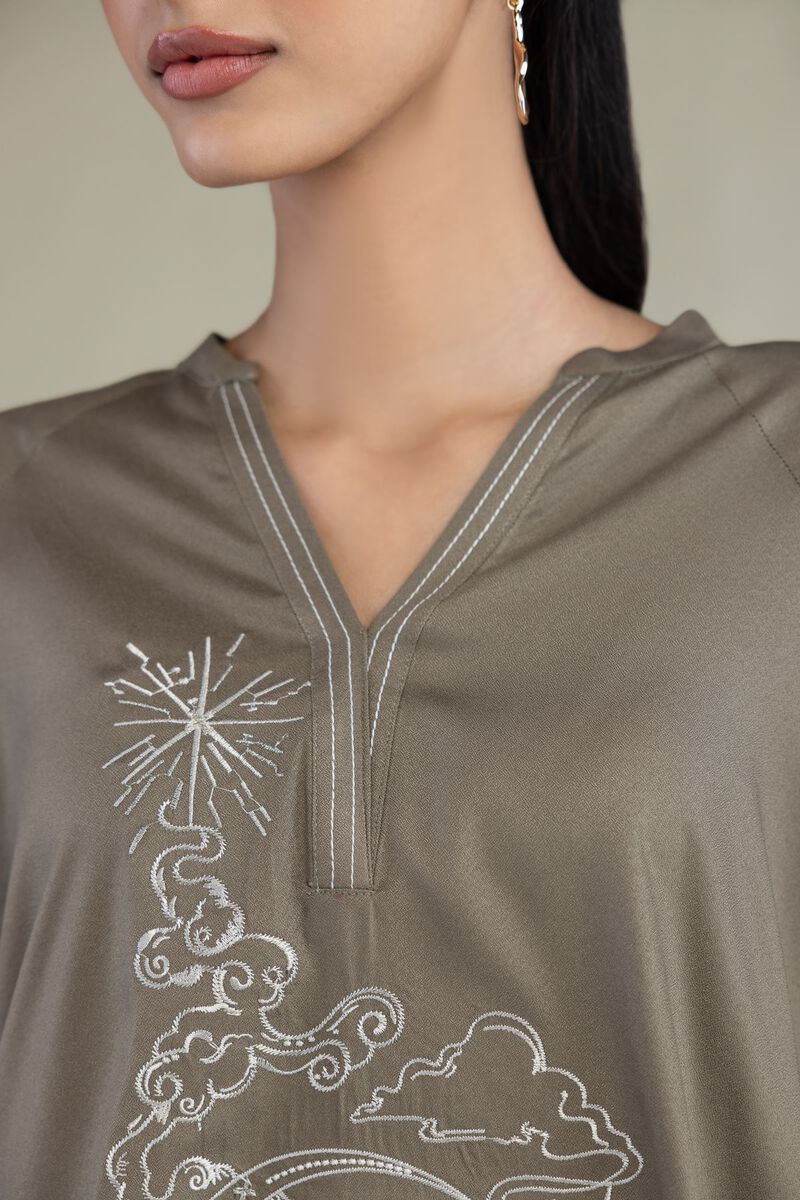 Embroidered | Viscose Crepe | Olive V-Neck Tunic | USD 35.00