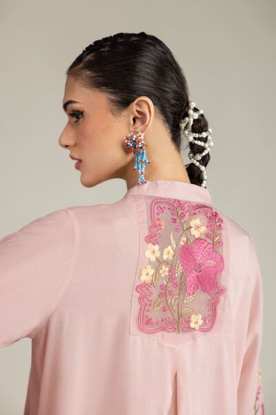 Embroidered | Raw Silk | Pink Longline Kurta | USD 65.00