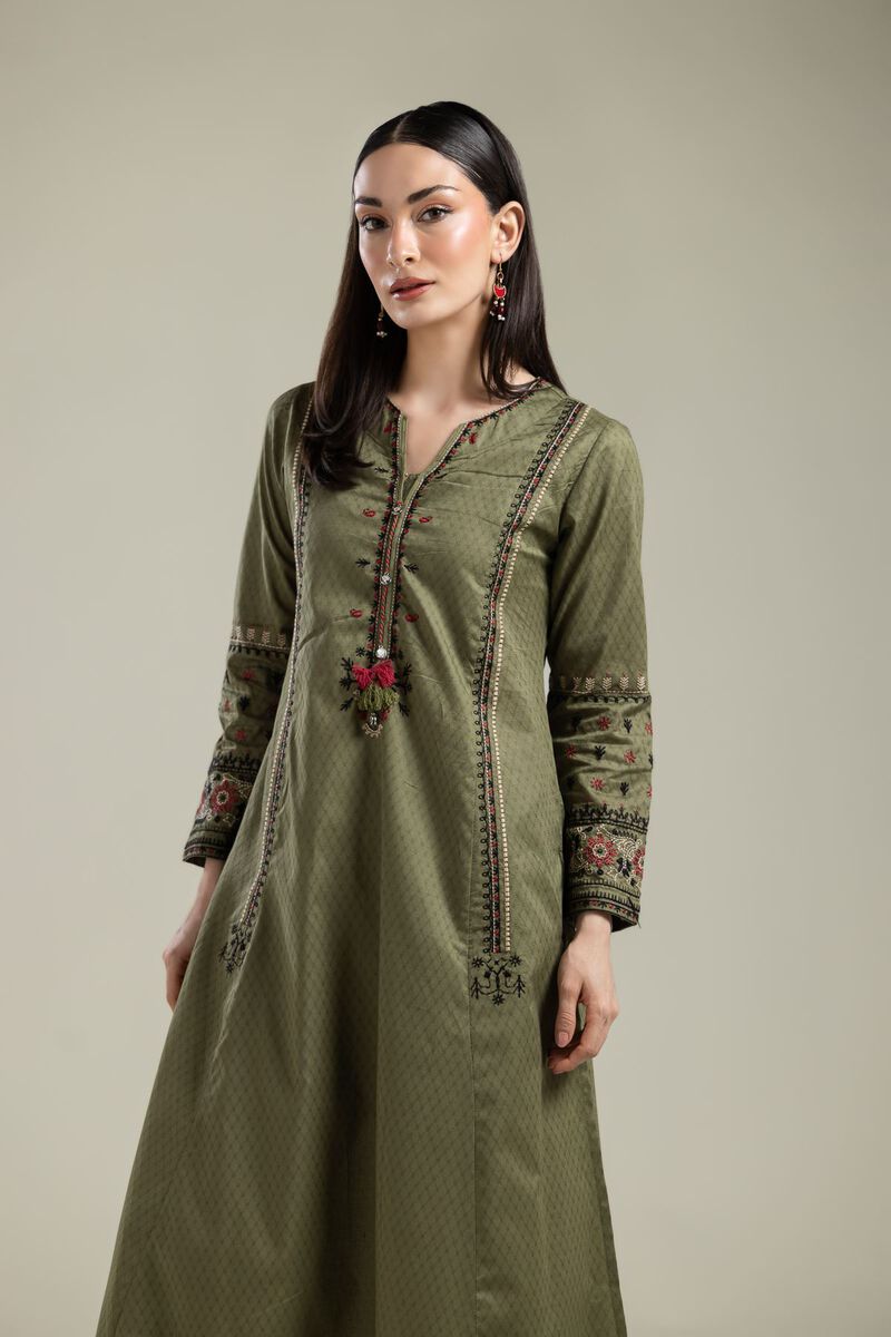 Embroidered |Cotton Dobby | Olive Floral Kurta | USD 40.00