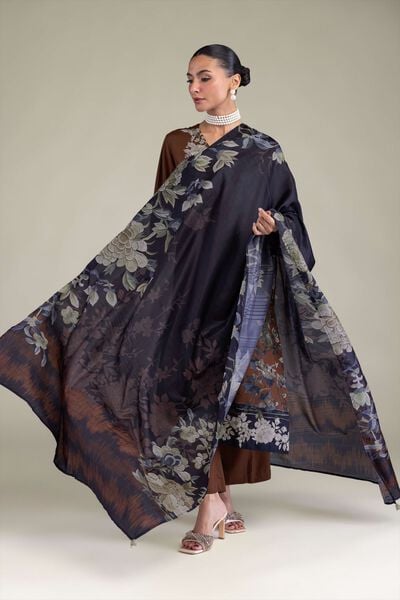 Embroidered | Polyester Silk | Brown Silk Dupatta | USD 30.00