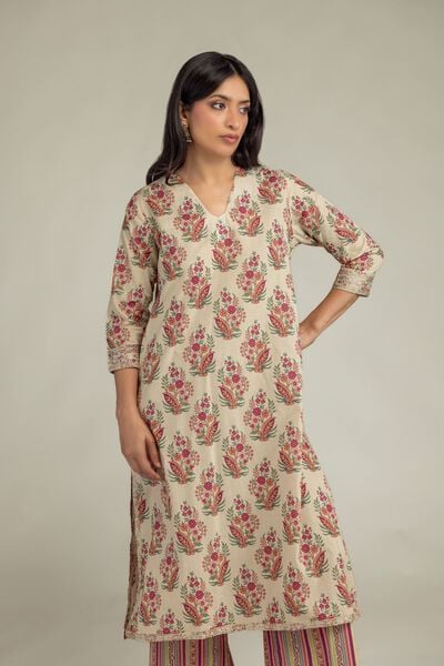 Embroidered | Cambric | Beige Cambric Kurta | USD 40.00