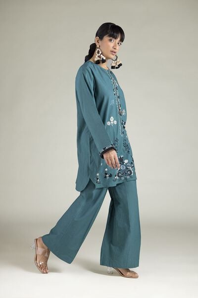 Embroidered | Cambric | Teal Tailored 2-Piece | USD 45.00