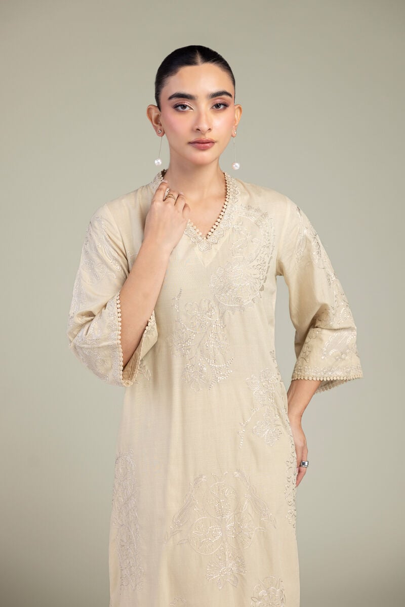Embroidered | Raw Silk | Floral V-Neck Kurta | USD 60.00