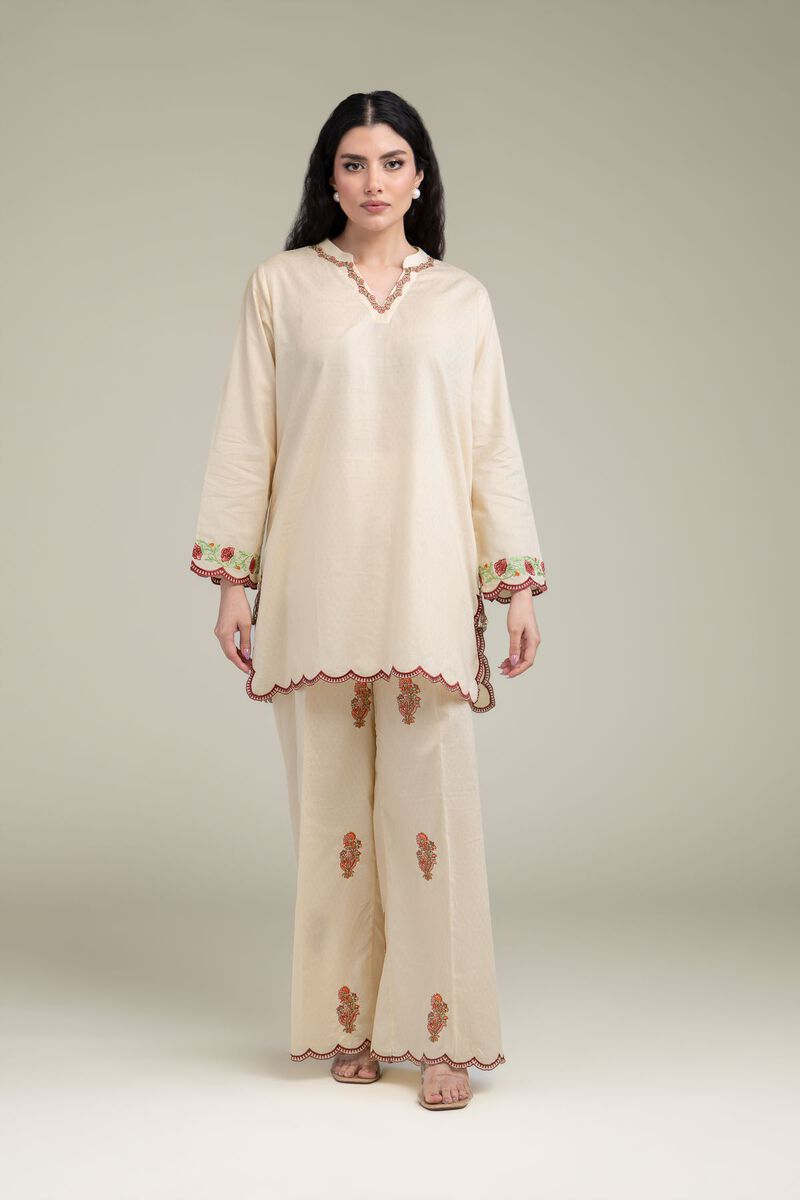 Embroidered | Cotton Dobby | Beige Cotton Pants | USD 40.00