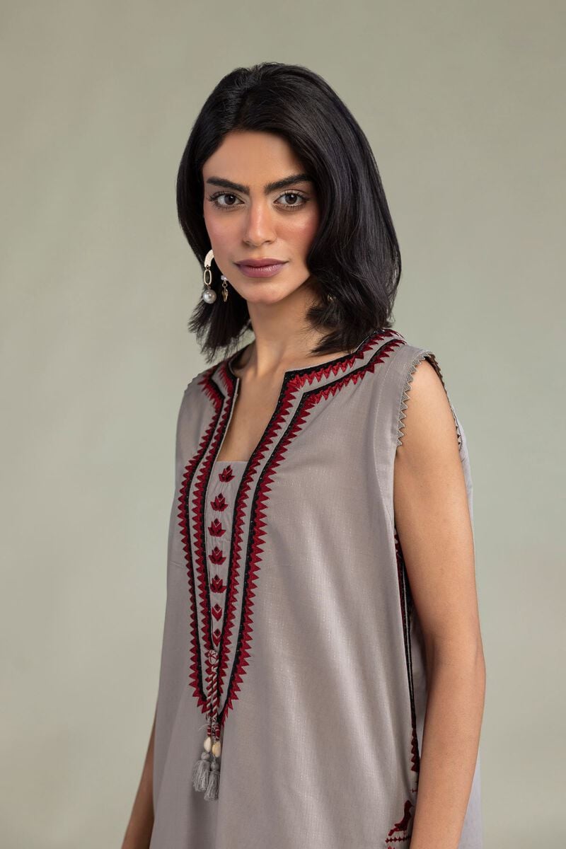 Embroidered | Cotton Dobby | Gray Sleeveless Kurta | USD 45.00