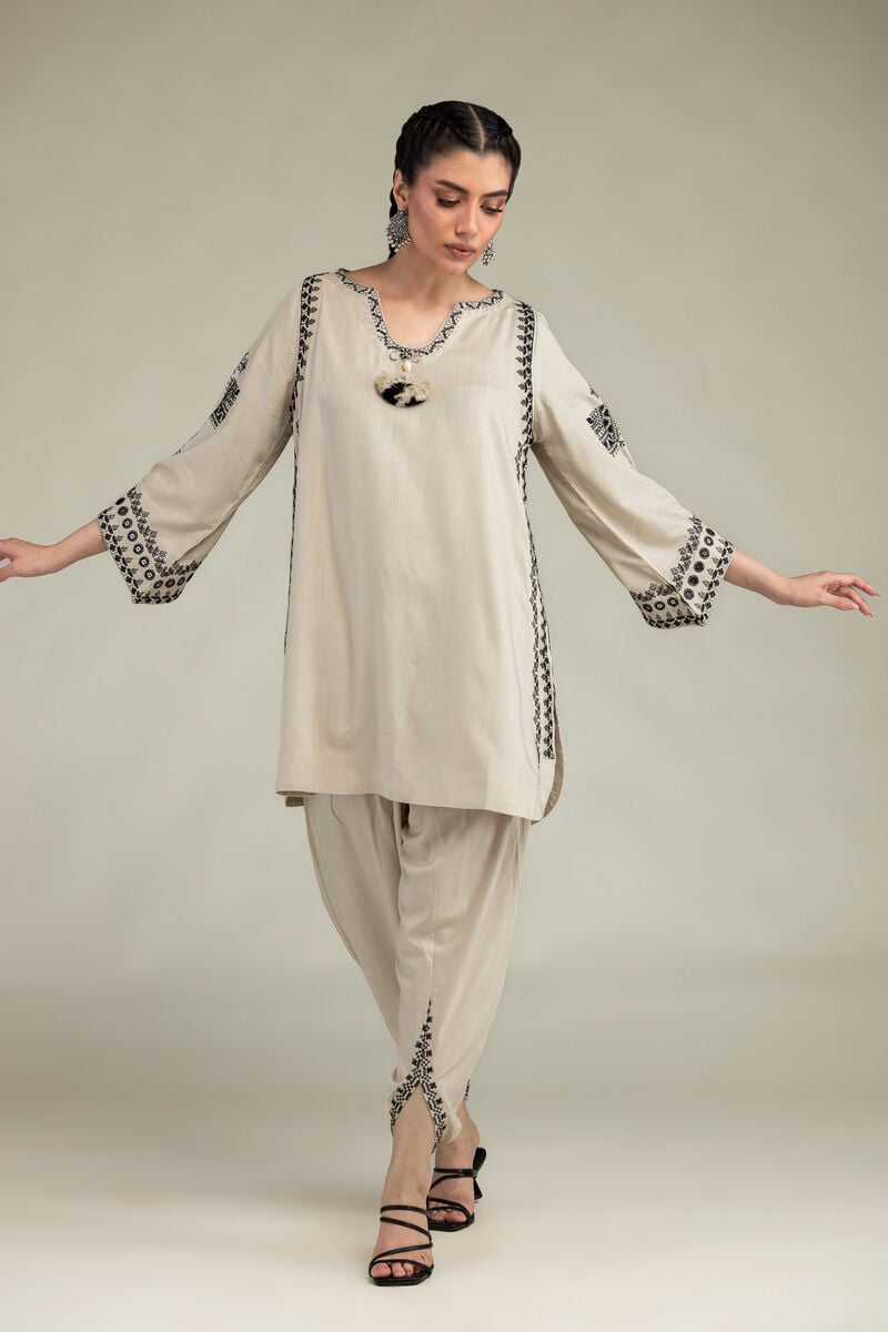 Embroidered | Raw Silk | Short Beige Kurta | USD 60.00