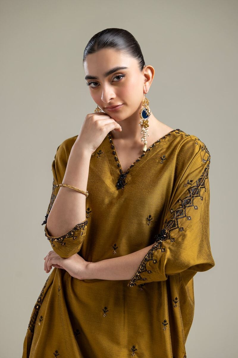 Raw Silk | Mustard Longline Kurta | USD 60.00